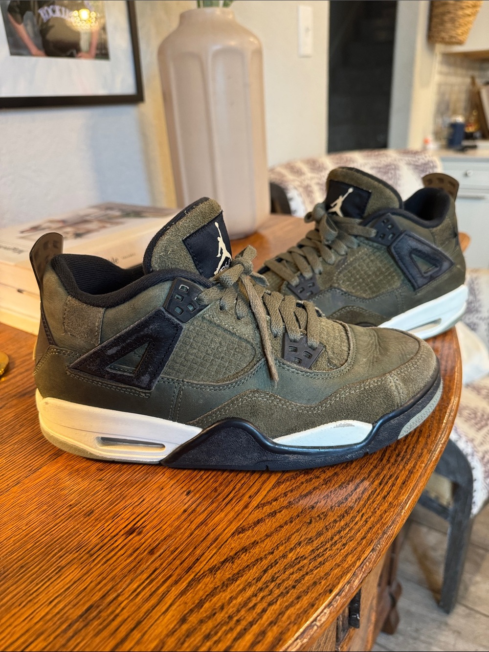 Mens Jordan 4 Retro Army Green and Black Suede Sneakers